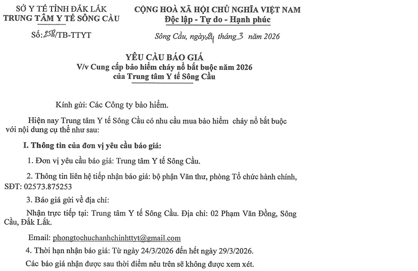 YCBG Cung cấp Bảo Hiểm cháy nổ bắt buộc năm 2026 của TTYT Sông Cầu